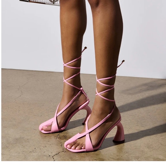 Liliana Pink Lace up Block Heel Pumps - Picture 3 of 8